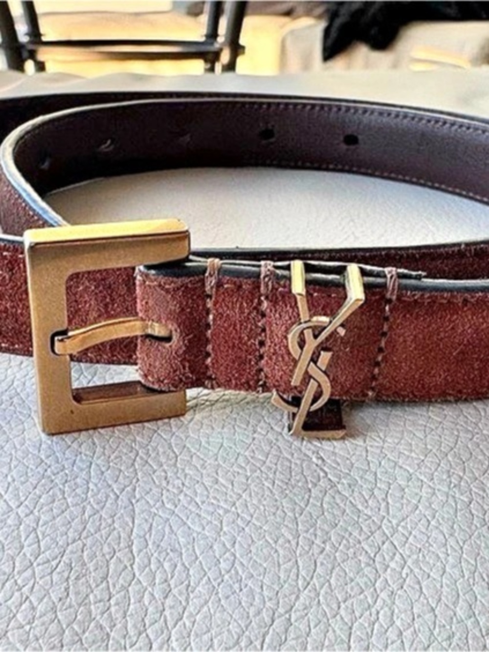 Saint Laurent Cassandre Suede Belt Logo Buckle Belt in Brown Like